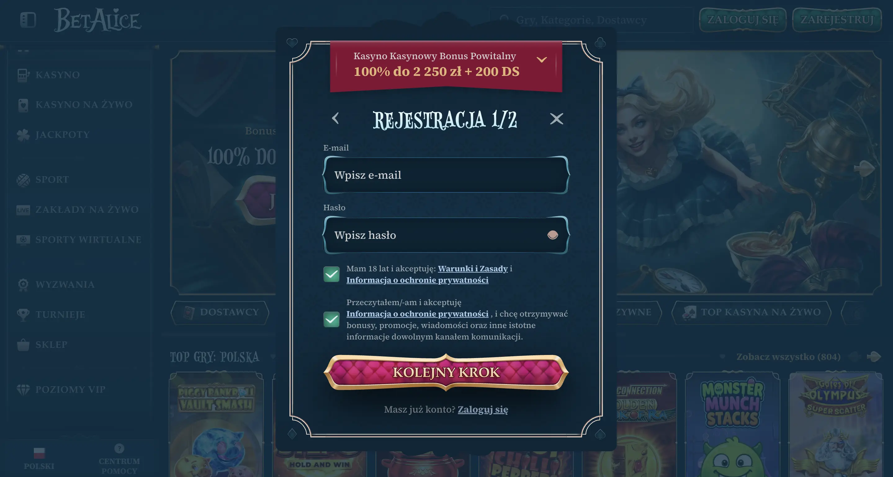 BetAlice Casino: konto, logowanie i KYC
